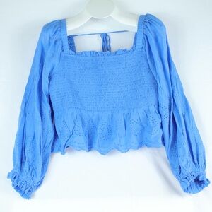 American Eagle Blue Long Sleeve Ruched Chest Cropped Blouse Womens Size XL